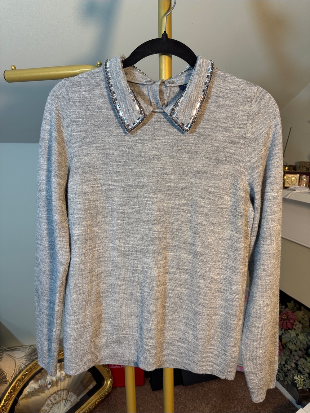 2 4 1! French Connection Embellished Collar Sweater in Gray 100% Wool Like New